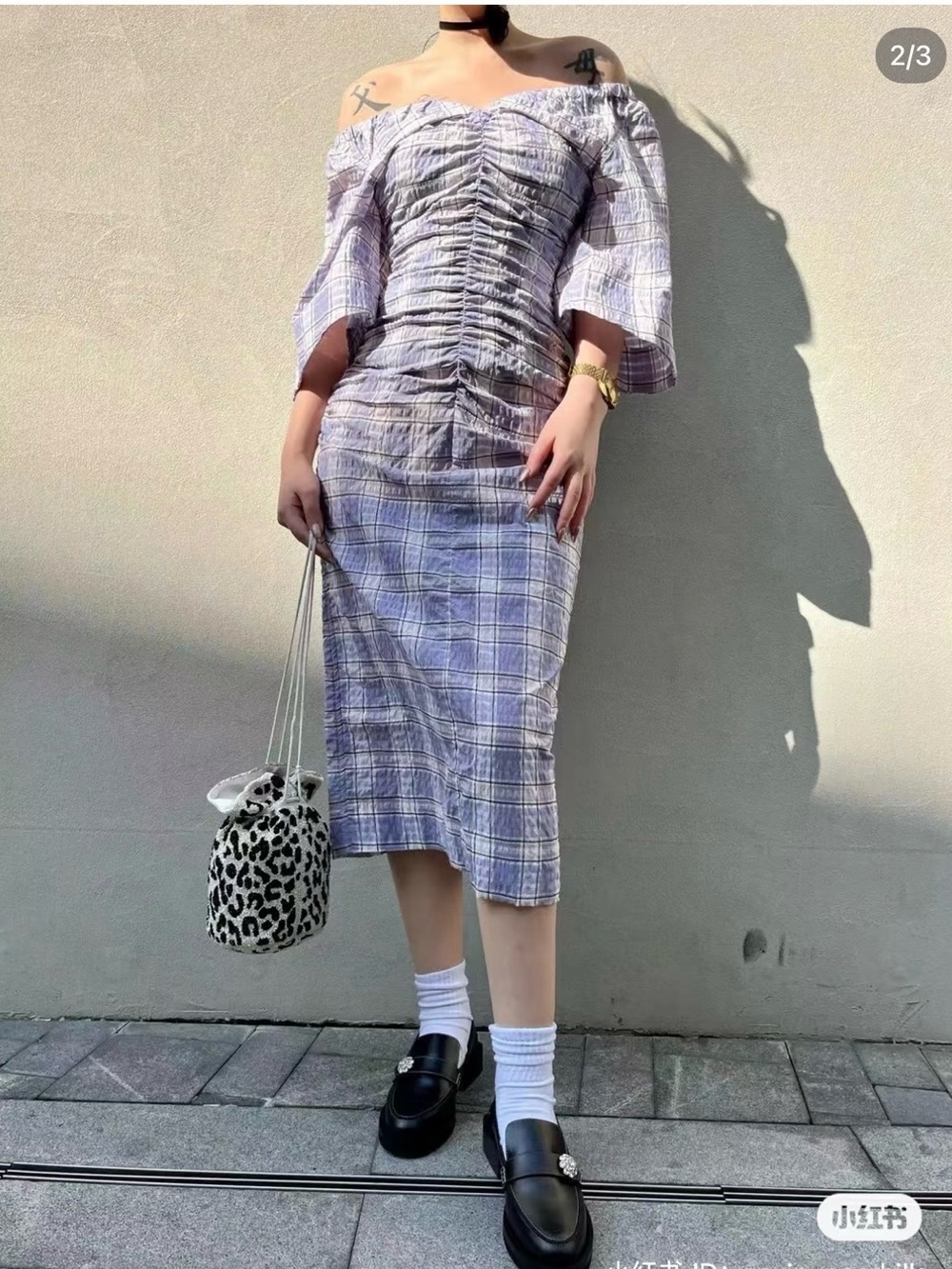 Ganni Lavender Plaid Off-Shoulder Dress